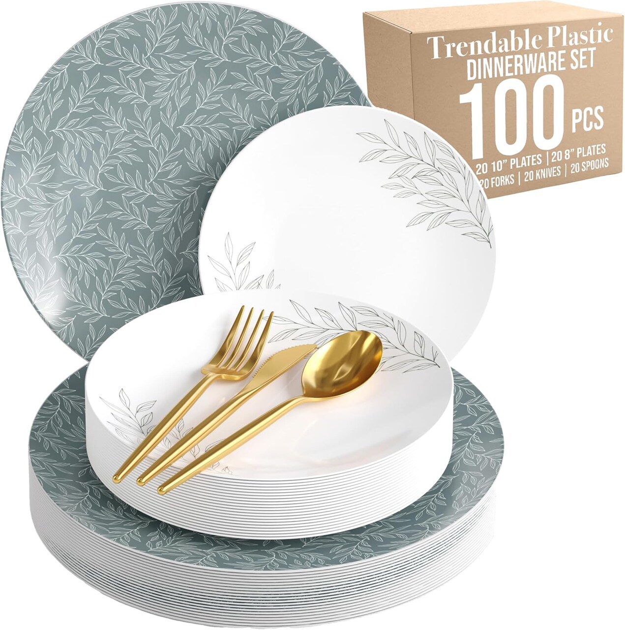 Trendables Fancy Plastic Wedding Dinnerware Set – Gold Disposable Forks Spoons Knives, 10” Charger Plates & 8” Dessert Plates – Elegant Reception, Holiday, Banquet & Special Event Supplies